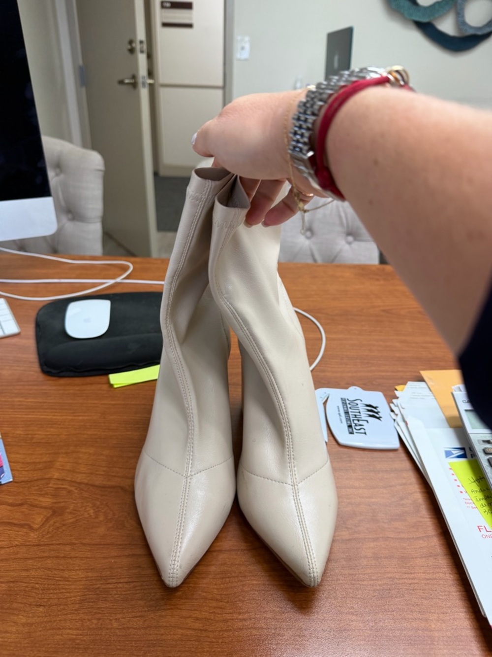 PrettyLittleThing Cream Pointed Toe Sock Ankle Boots